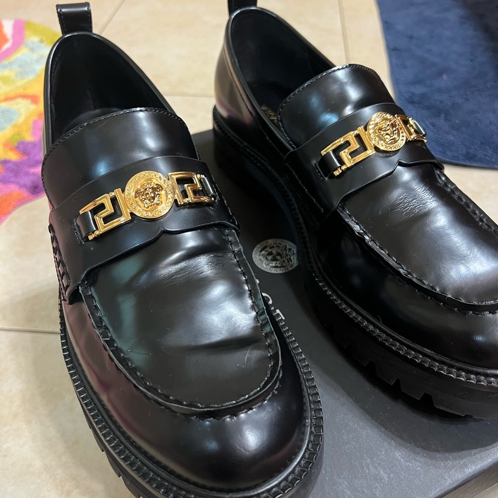 Versace Black Loafers with Gold Accent